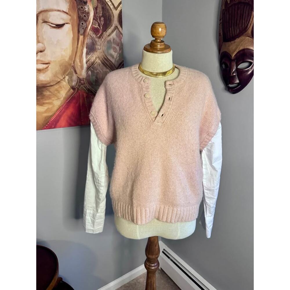 Naadam Cotton/Cashmere Blend Blush Mixed Media Henley Knit Sweater - Picture 3 of 10
